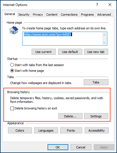 delete browsing history in internet options of internet explorer