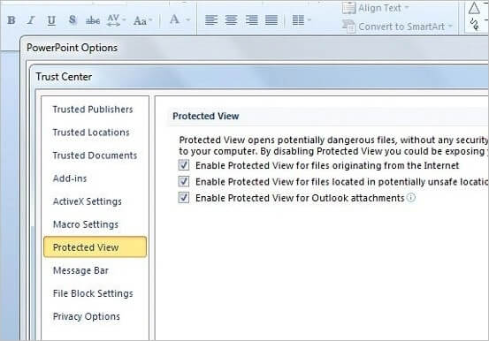 PowerPoint Found a Problem with Content - disable protected views