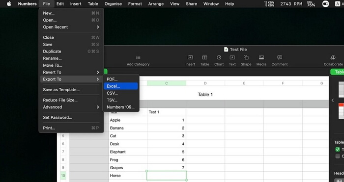 Export Numbers File to Excel on Mac - 2