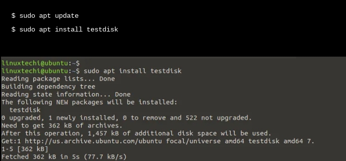 Installing the TestDisk software device.