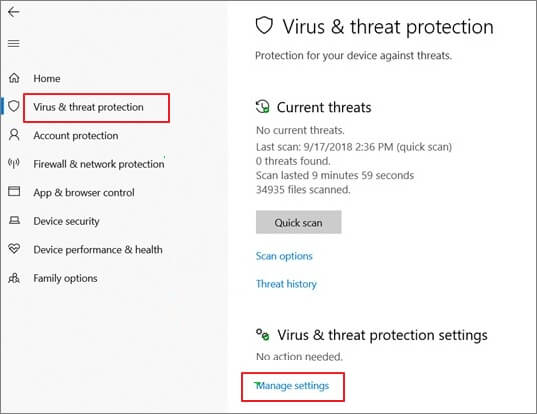 manage settings for virus protection