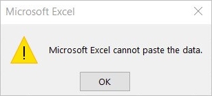 Microsoft excel cannot paste the data error