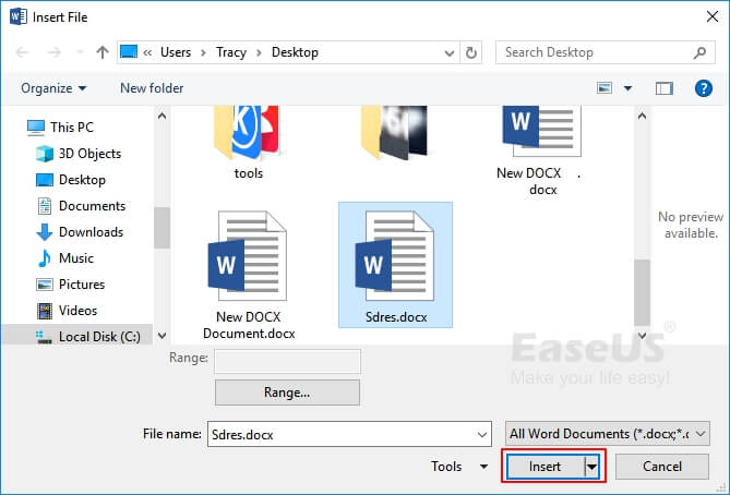 Insert Word 2016 file to a new document