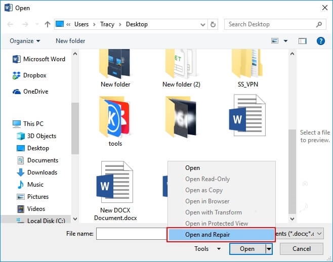 Fix the corrupted docx file with Open and Repair feature