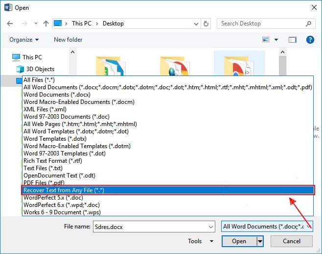 Recover content of corrupted docx file from recover text from any file feature