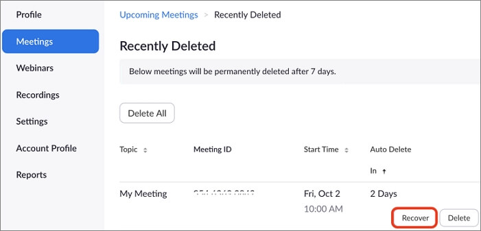 Recover deleted meeting records