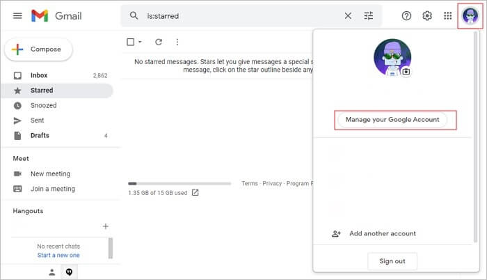 select manage your google account option