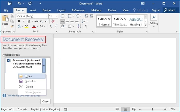 Word document recovery