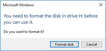 Windows prompts to format RAW drive.