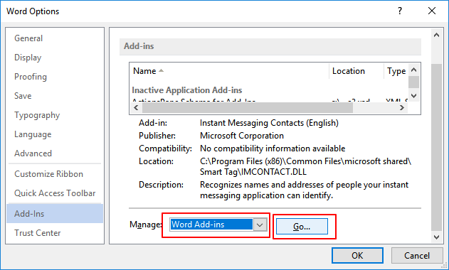 Disable Word add-ins