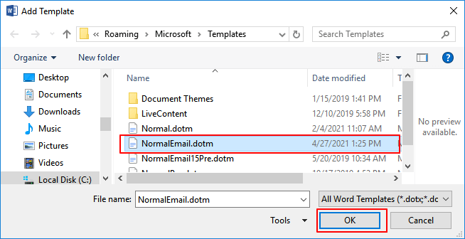 Select template to add into Word add-ins