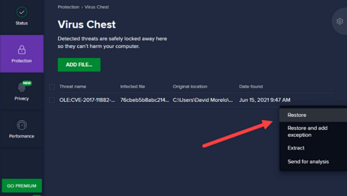 how to restore a file from Avast virus chest