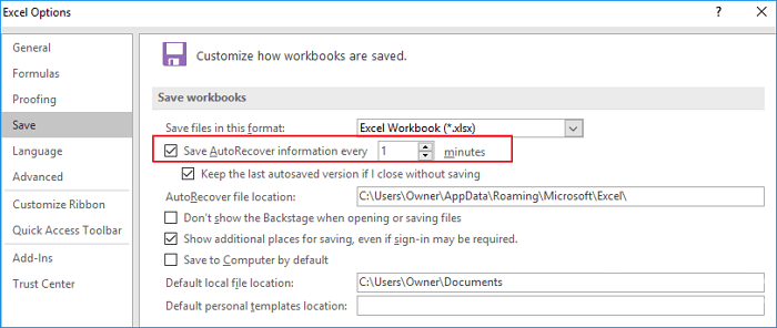enable autosave in Excel