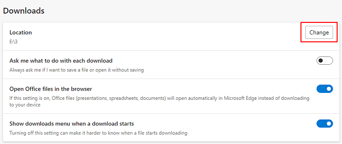 Change the downloads location of Edge browser