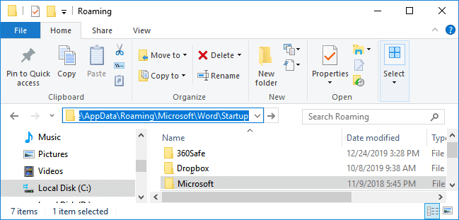 Change Word startup location to fix add-in template not valid error