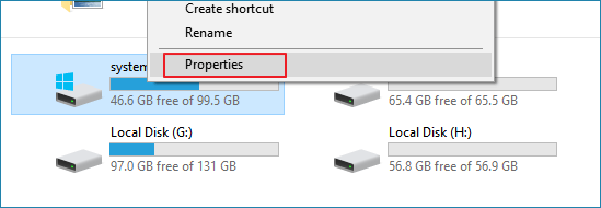 Open Properties in System C drive