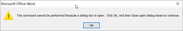 The command cannot be performed because a dialog box is open