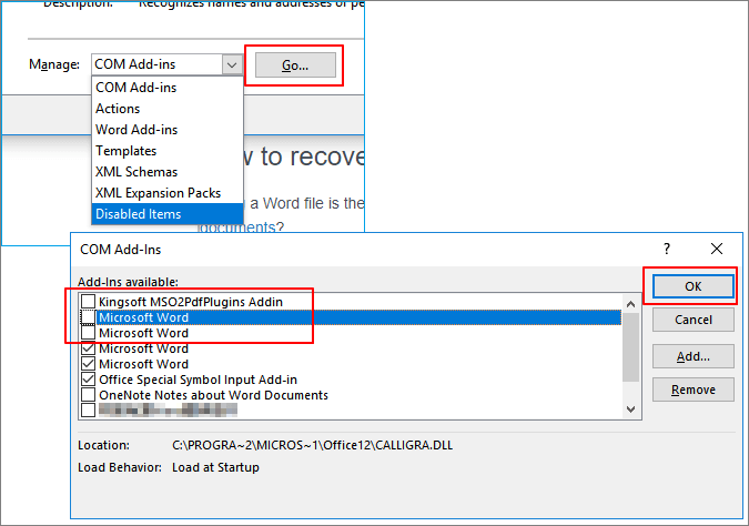 Uncheck add-ins to disable them and make word work