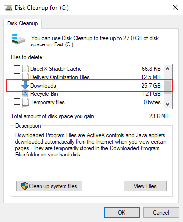 downloads folder is in disk cleanup in windows 10