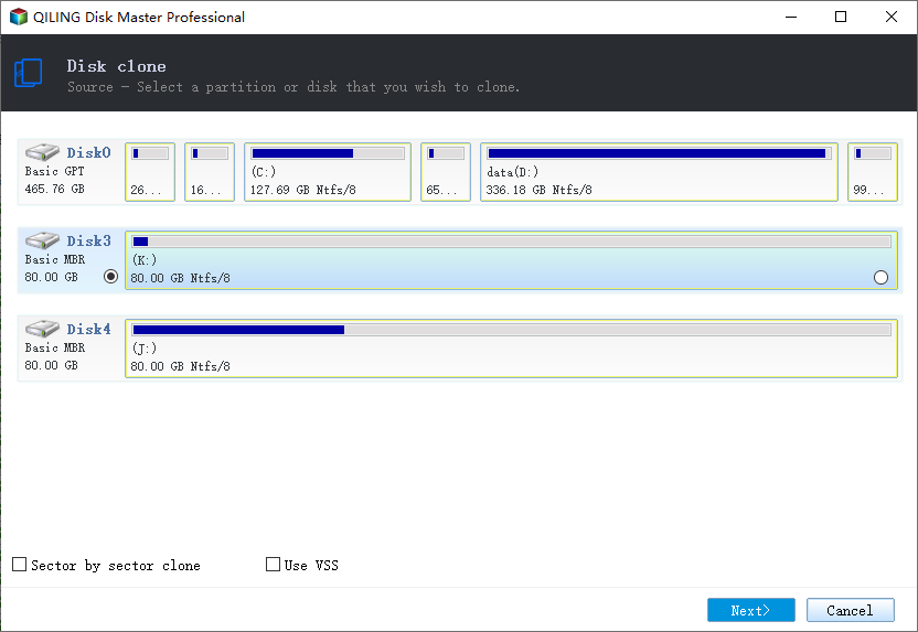 Select sorce disk to clone