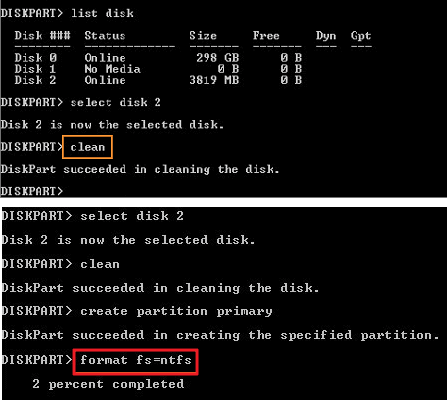 DiskPart clean and format command.
