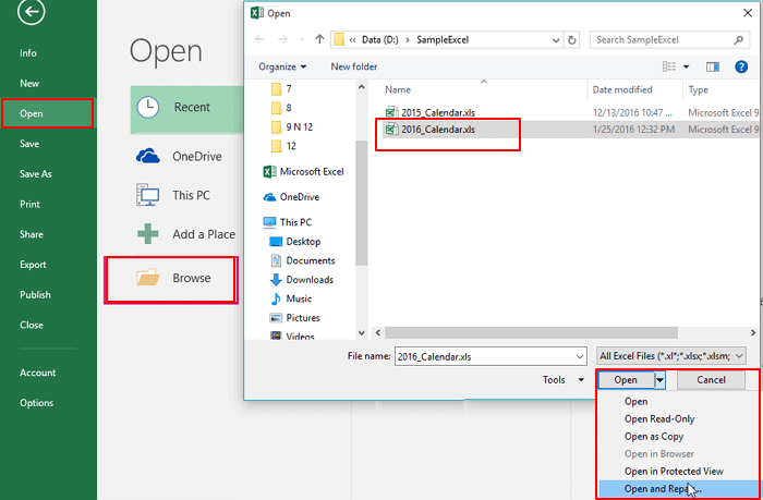 use open and repair tool to repair corrupted excel file