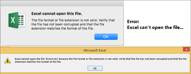 Error - Excel can't open the file  because the extension is not valid