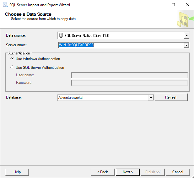 Select database to export.