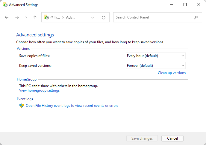 File History Advanced settings