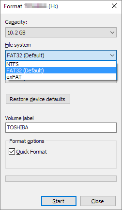 format usb under 32gb to fat32 in windows explorer