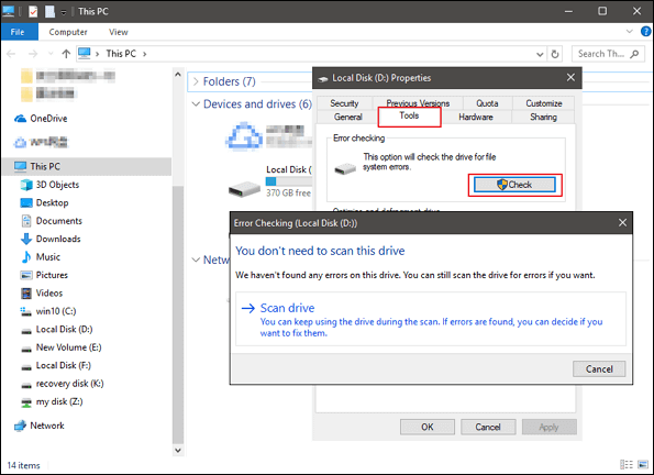repair unreadable usb flash drive in windows disk check utility