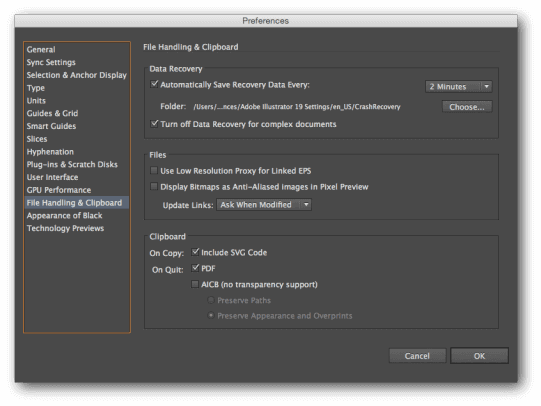 Illustrator data recovery preferences