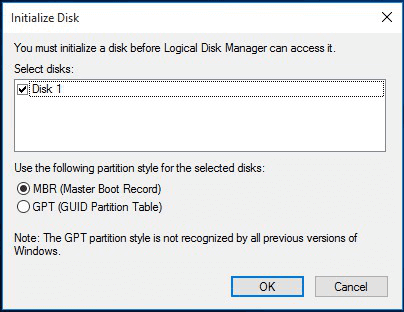 initialize external hard drive to mbr or gpt to fix unknown not initialize error