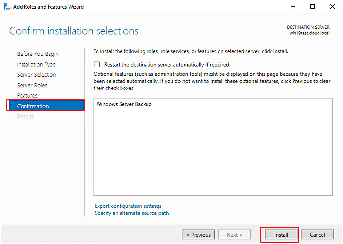 Confirm to install Windows Server Backup
