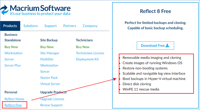 macrium reflect free version features