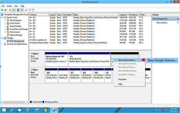 Create new simple volume on unallocated space of hard disk.