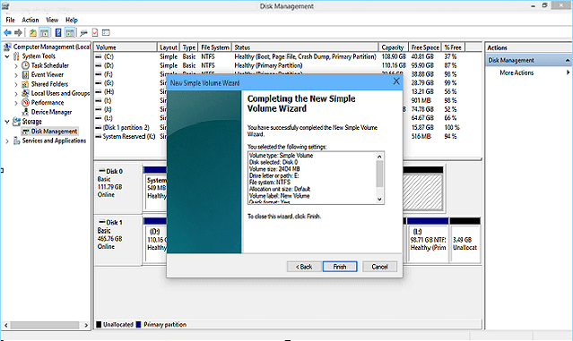 Finish creating new volumes on unallocated space of hard disk
