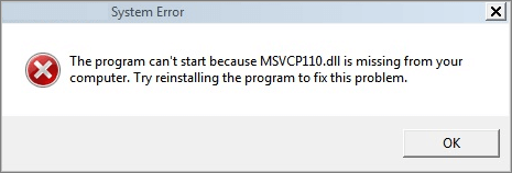 Msvcr110.dll not found or missing error