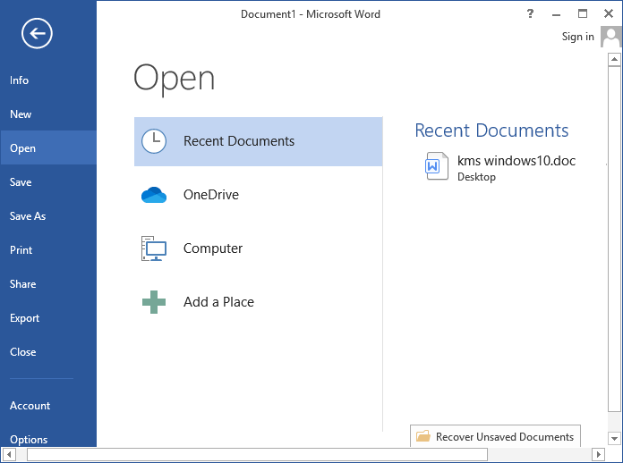 Open Recent Document after sign in with MS account.