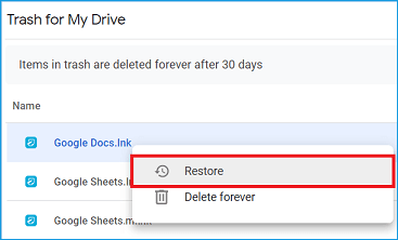 restore deleted files from google drive