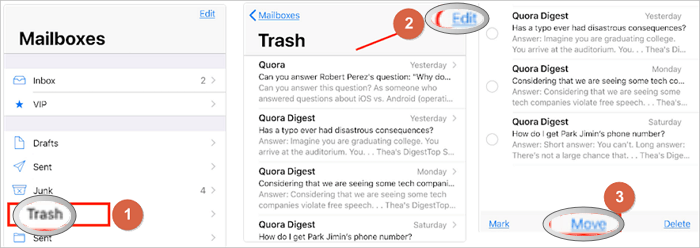how to recover deleted emails from iPhone with Trash
