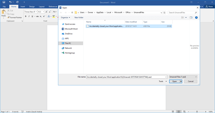 recover asd files from unsaved files folder in Word