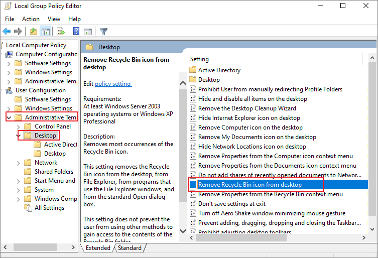 choose remove recycle bin incon from desktop in local group policy editor