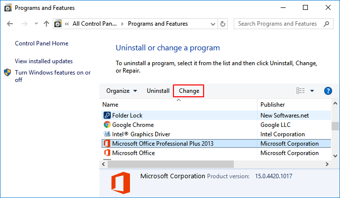 Locate Office in programs and features