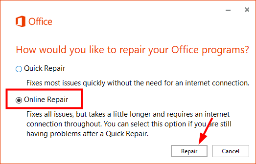 Fix and repair not working Outlook