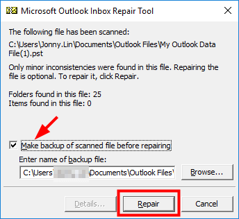 Repair Outlook data