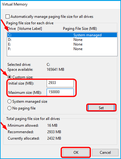 select c drive and change the memosy size
