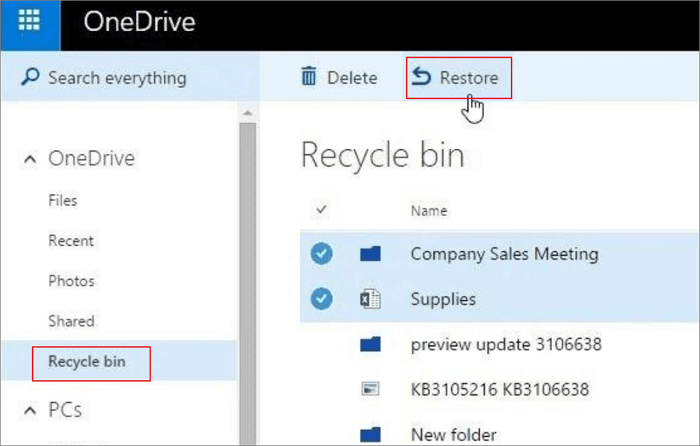 restore files from onedrive