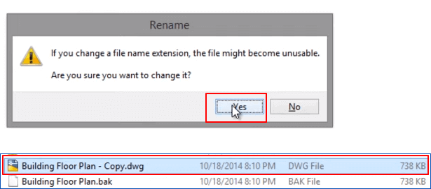 Rename BAK file to DWG file and restore lost CAD file.