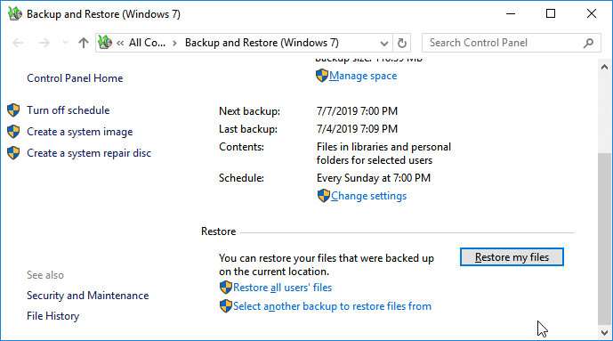 Restore files from Windows Backup
